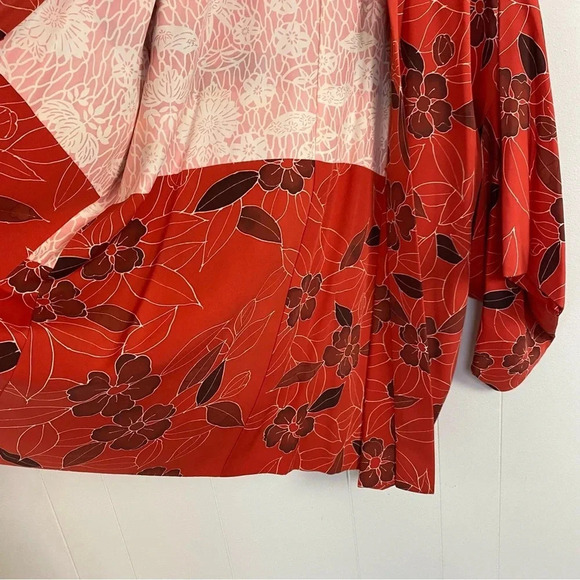 VTG Kimono Haori Traditional Japanese Jacket Silk Floral Pattern Red Coral OS - Picture 12 of 15